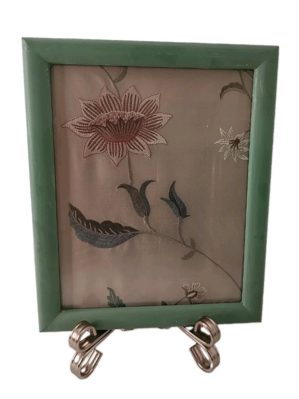 Vintage 1980s Pure Silk Embroidered Framed Art - Hand-Painted Green Wood Frame